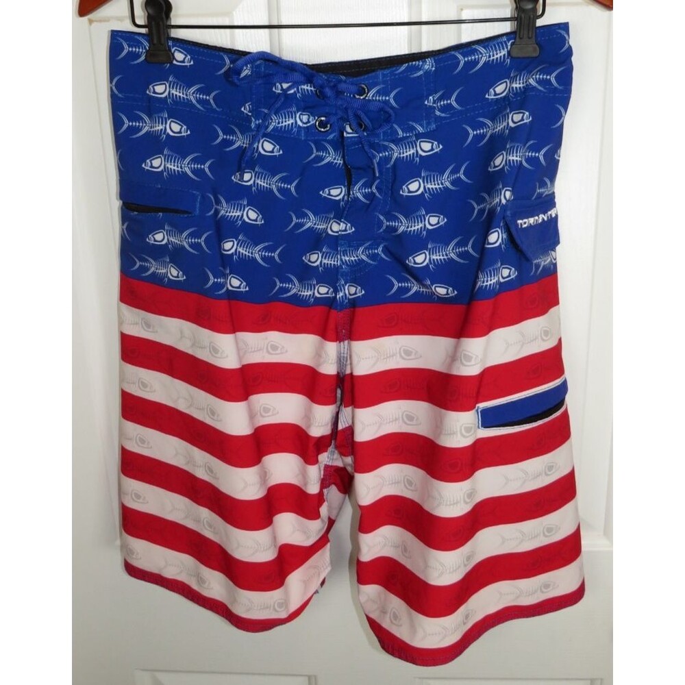 Tormenter Bone Fish USA Flag Board Shorts Men 34 Red White Blue Swim Trunks 10"